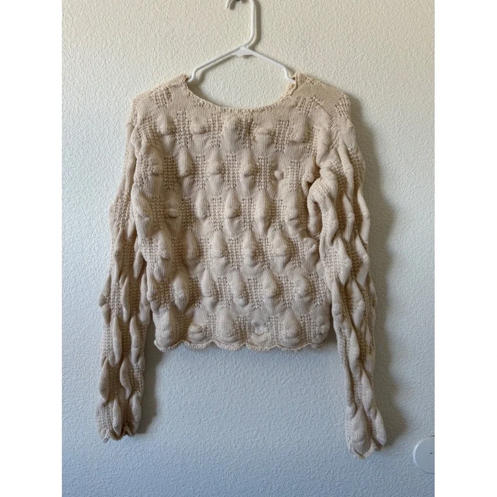 Anthropologie Womens Cream Cable Knit Crop Sweater Bobble Texture Size M